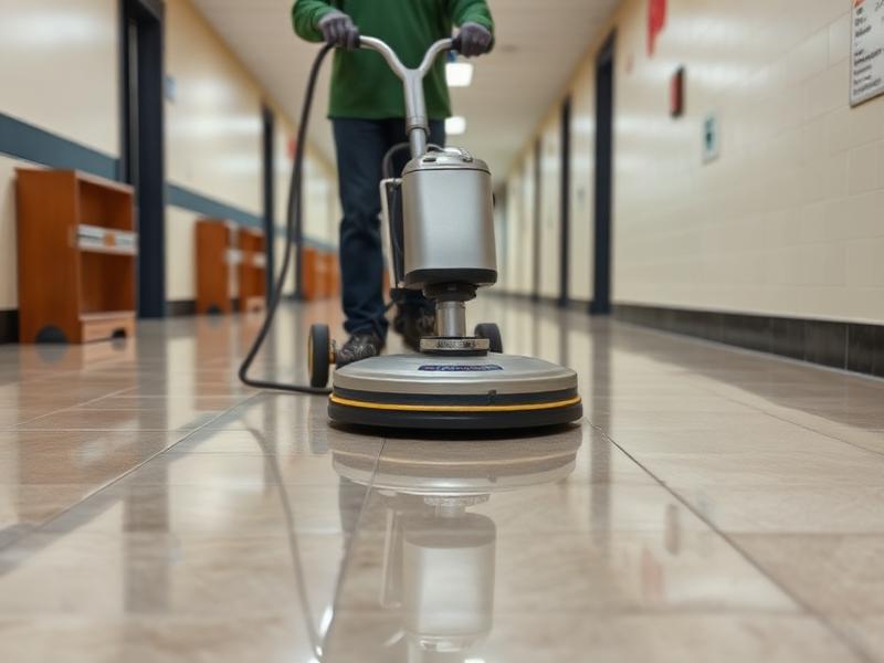 High-speed buffing creating mirror-like shine on commercial floors