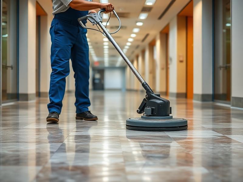 Professional floor stripping service removing old wax from VCT tiles